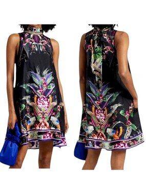 CAMILLA Paradiso Place Silk Necktie Halter Dress XS Crystal Embellished Floral